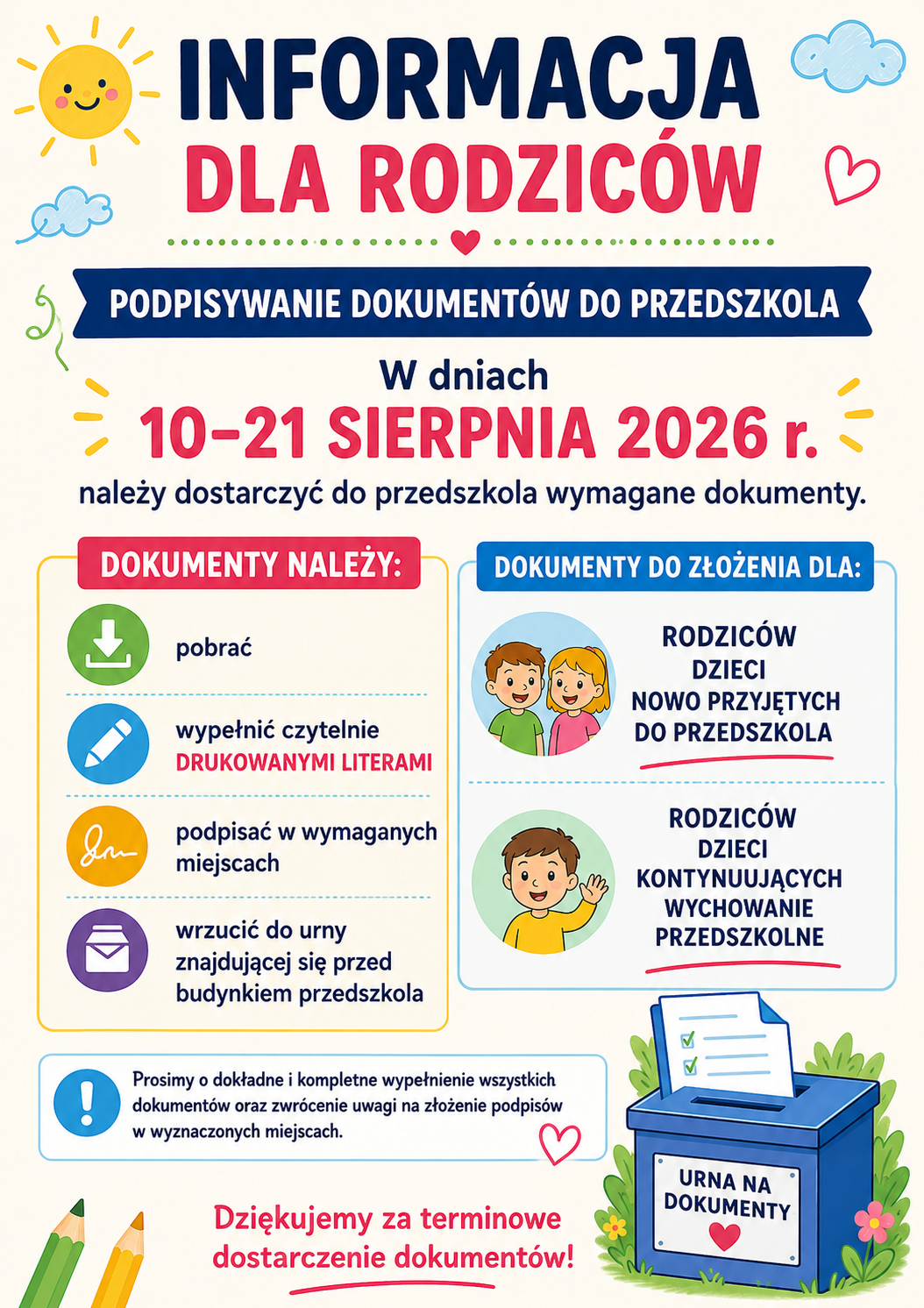 Dokumenty do złożenia dla dzieci nowo przyjętych i kontnuujących